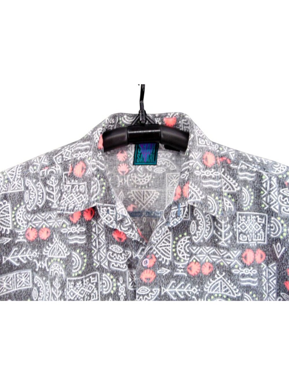 Vintage 80s Mens Shah Safari Gray Pink Hieroglyphs Button Shirt Size XL Abstract - Picture 3 of 11